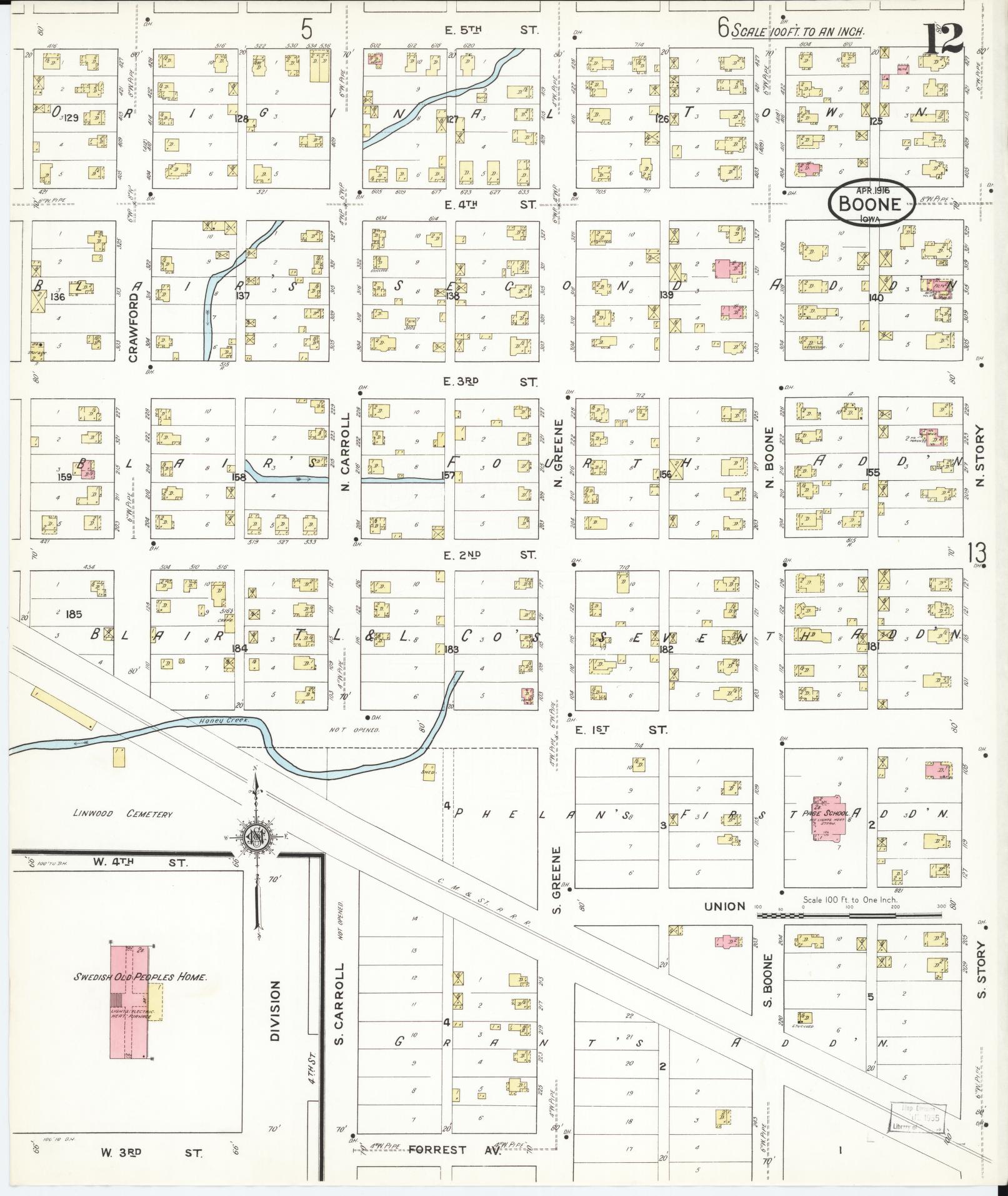 Sanborn Fire Insurance Map from Boone, Boone County, Iowa (1916), Sheet #0012 - Historic Sanborn Fire Insurance Map Print, vintage old map wall art