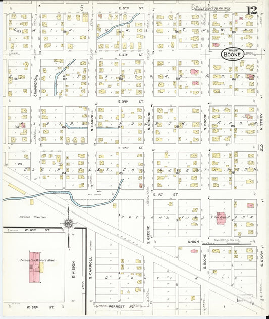 Sanborn Fire Insurance Map from Boone, Boone County, Iowa (1916), Sheet #0012 - Historic Sanborn Fire Insurance Map Print, vintage old map wall art