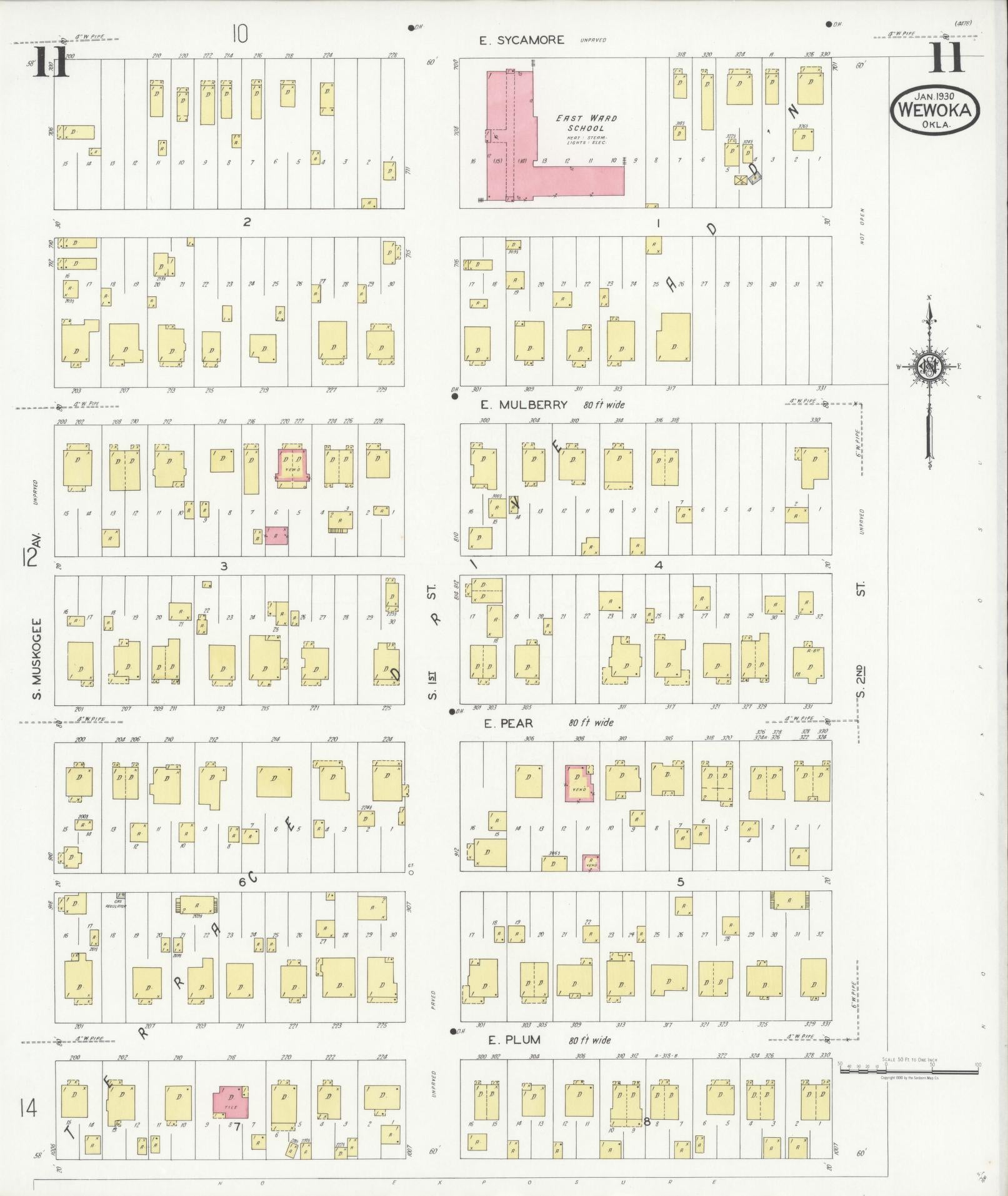 Sanborn Fire Insurance Map from Wewoka, Seminole County, Oklahoma (1930), Sheet #0011 - Complete Map Set gallery image, historic Sanborn map, vintage wall art, Oklahoma Oklahoma