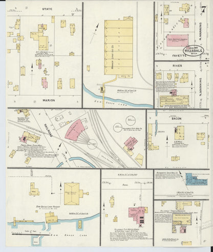 Sanborn Fire Insurance Map from Hillsdale, Hillsdale County, Michigan (1907), Sheet #0007 - Historic Sanborn Fire Insurance Map Print, vintage old map wall art, antique decor, genealogy gift, Michigan Michigan map