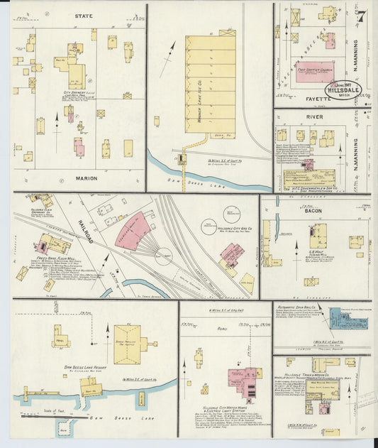 Sanborn Fire Insurance Map from Hillsdale, Hillsdale County, Michigan (1907), Sheet #0007 - Historic Sanborn Fire Insurance Map Print, vintage old map wall art, antique decor, genealogy gift, Michigan Michigan map