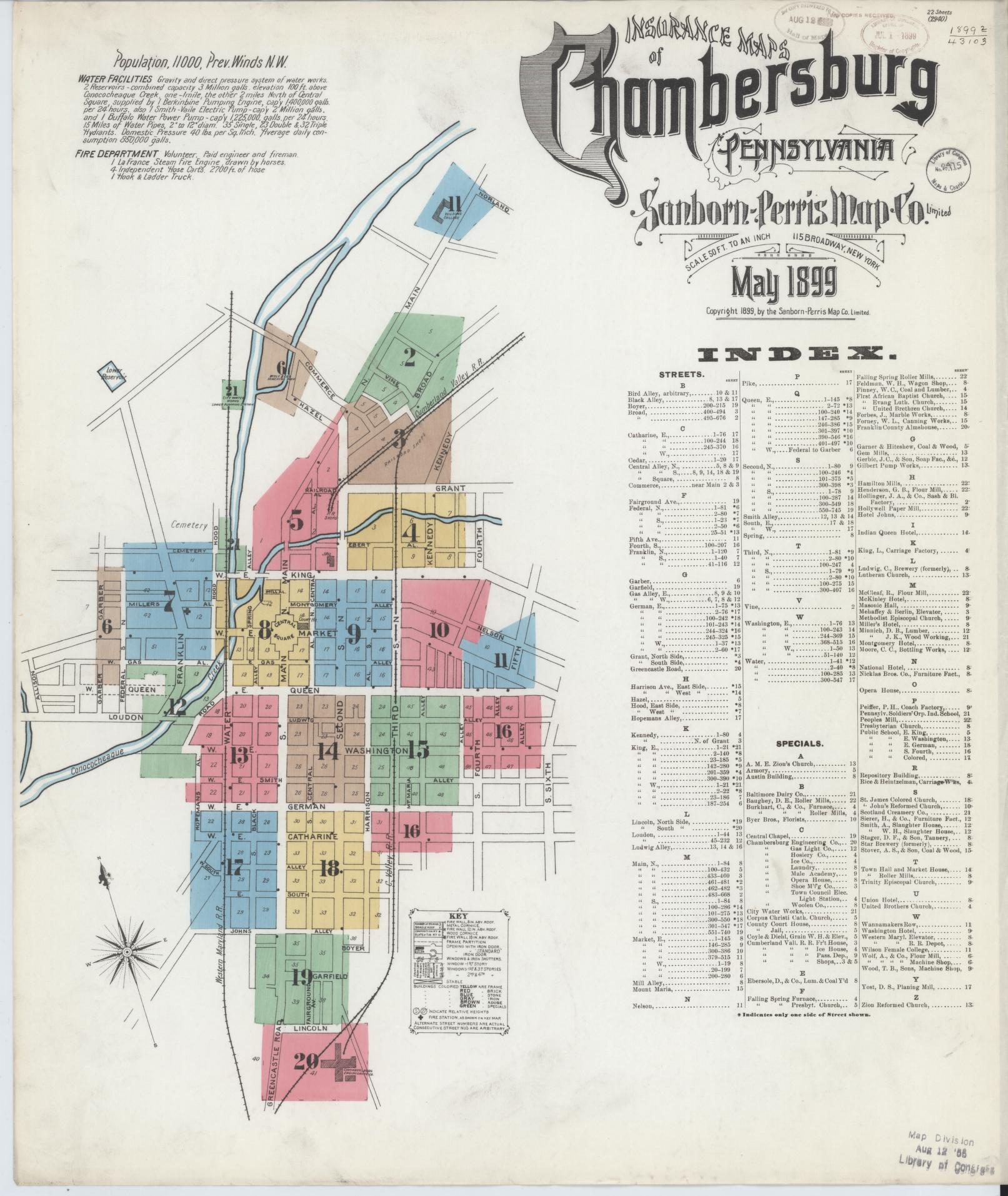 Sanborn Fire Insurance Map from Chambersburg, Franklin County, Pennsylvania (1899), Sheet #0001 - Historic Sanborn Fire Insurance Map Print, vintage old map wall art, antique decor, genealogy gift, Pennsylvania Pennsylvania map