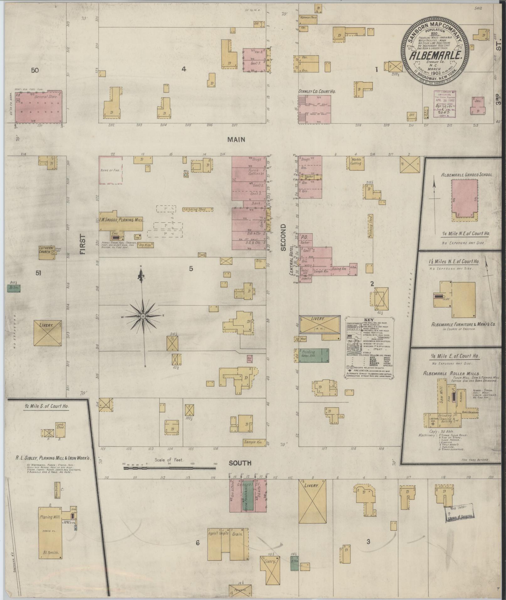Sanborn Fire Insurance Map from Albemarle, Stanley County, North Carolina (1902), Sheet #0001 - Historic Sanborn Fire Insurance Map Print, vintage old map wall art, antique decor, genealogy gift, North Carolina North Carolina map