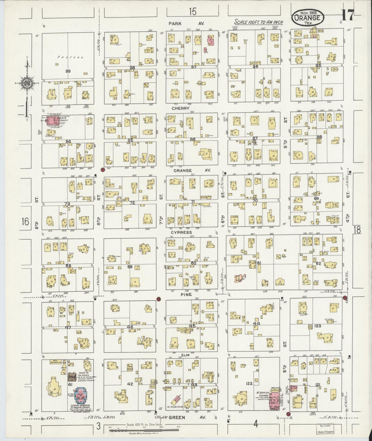 Sanborn Fire Insurance Map from Orange, Orange County, Texas (1919), Sheet #0017 - Historic Sanborn Fire Insurance Map Print, vintage old map wall art, antique decor, genealogy gift, Texas Texas map