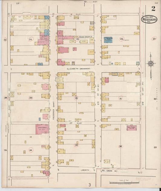Sanborn Fire Insurance Map from Woodsboro, Frederick County, Maryland (1940), Sheet #0002 - Historic Sanborn Fire Insurance Map Print, vintage old map wall art