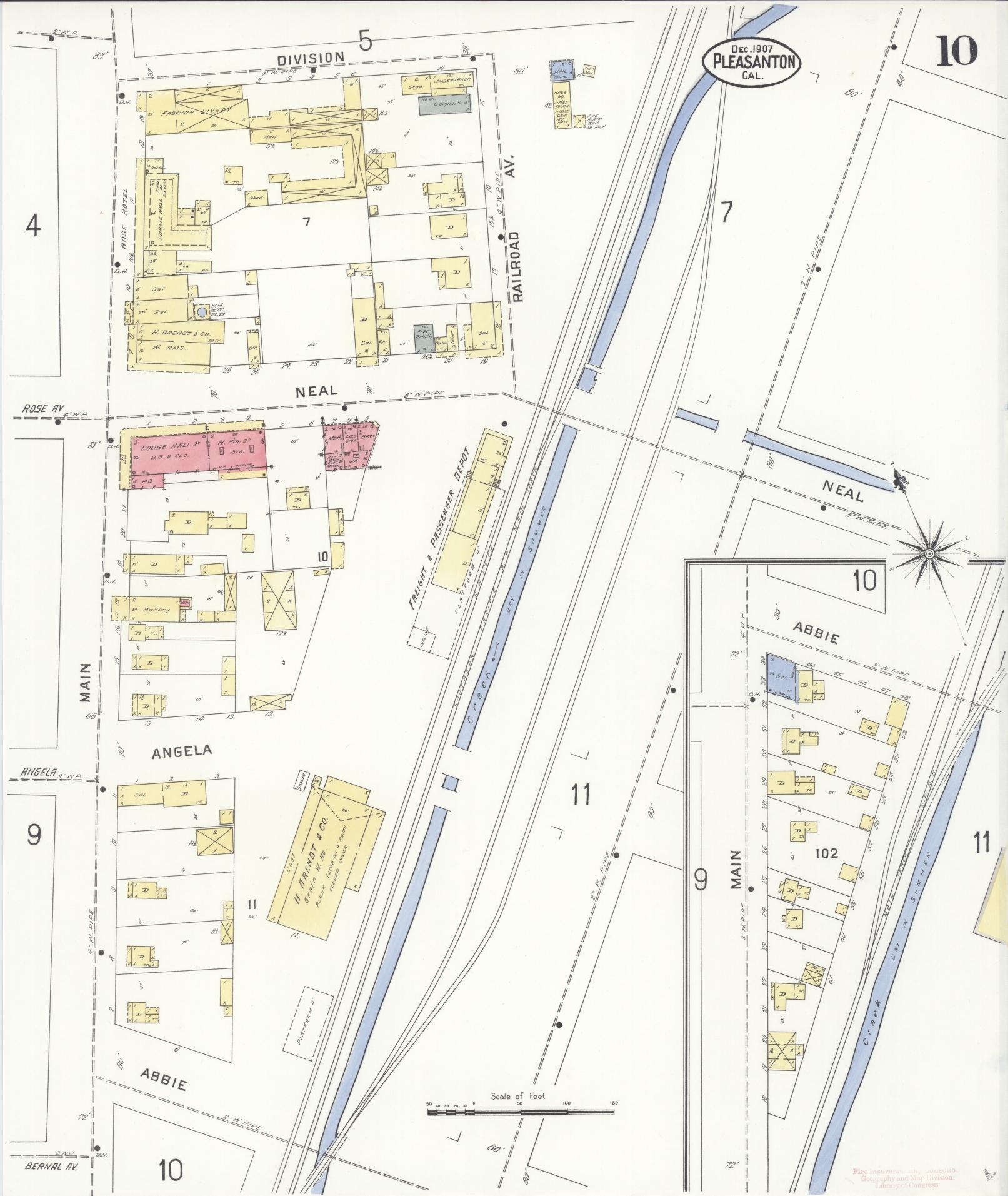 Sanborn Fire Insurance Map from Pleasanton, Alameda County, California (1907), Sheet #0010 - Complete Map Set gallery image, historic Sanborn map, vintage wall art, California California
