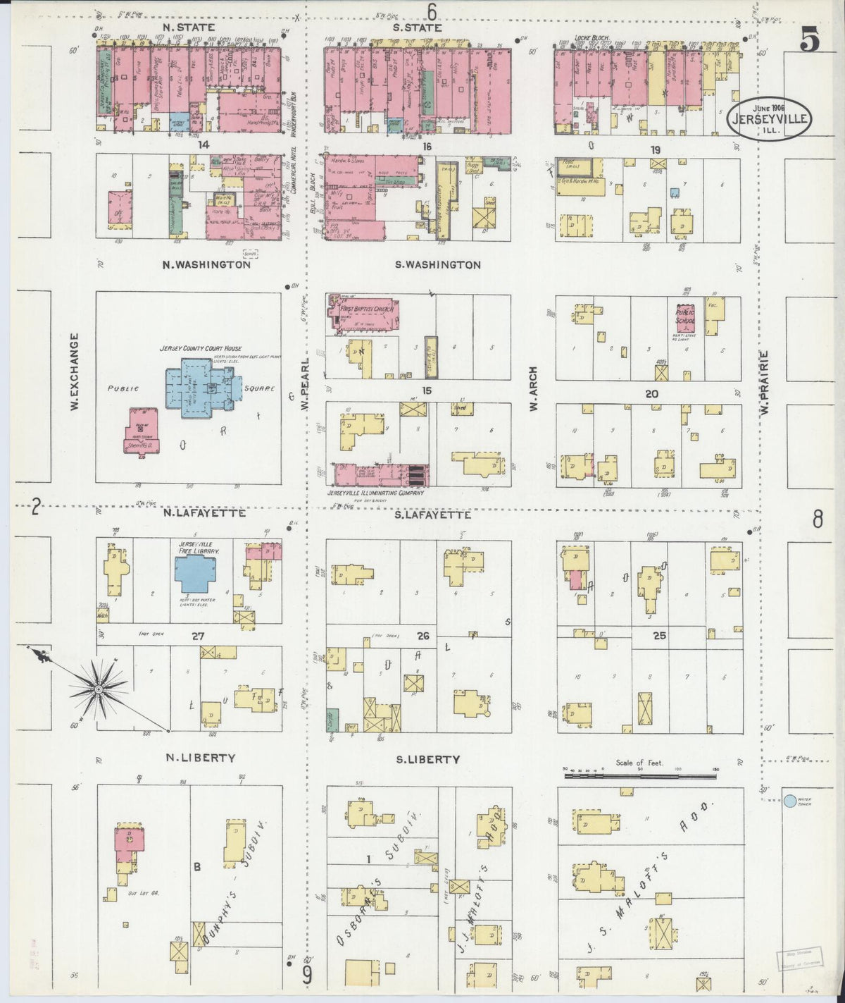 Sanborn Fire Insurance Map from Jerseyville, Jersey County, Illinois (1906), Sheet #0005 - Complete Map Set gallery image, historic Sanborn map, vintage wall art, Illinois Illinois