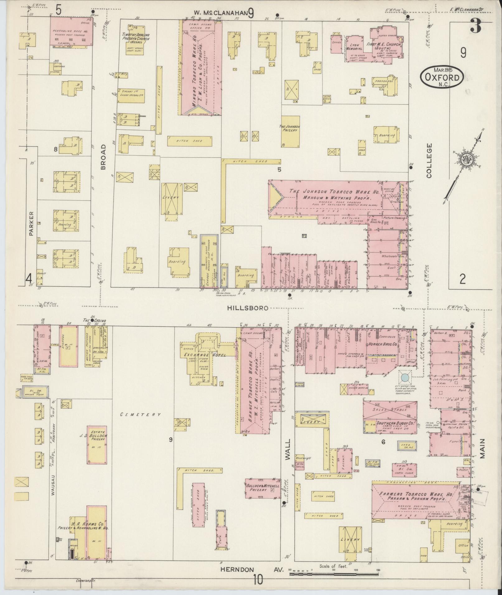Sanborn Fire Insurance Map from Oxford, Granville County, North Carolina (1915), Sheet #0003 - Complete Map Set gallery image, historic Sanborn map, vintage wall art, North Carolina North Carolina