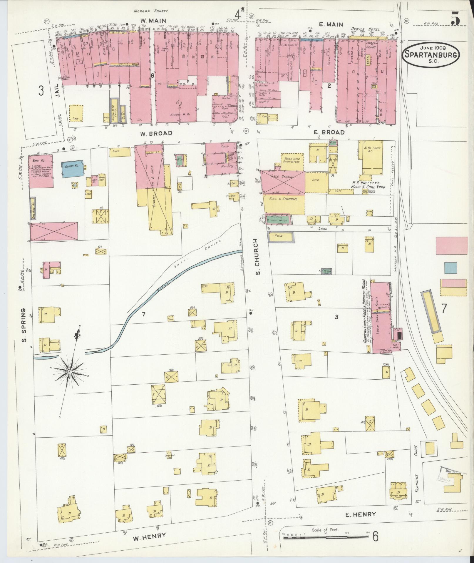 Sanborn Fire Insurance Map from Spartanburg, Spartanburg County, South Carolina (1908), Sheet #0005 - Complete Map Set gallery image, historic Sanborn map, vintage wall art, South Carolina South Carolina