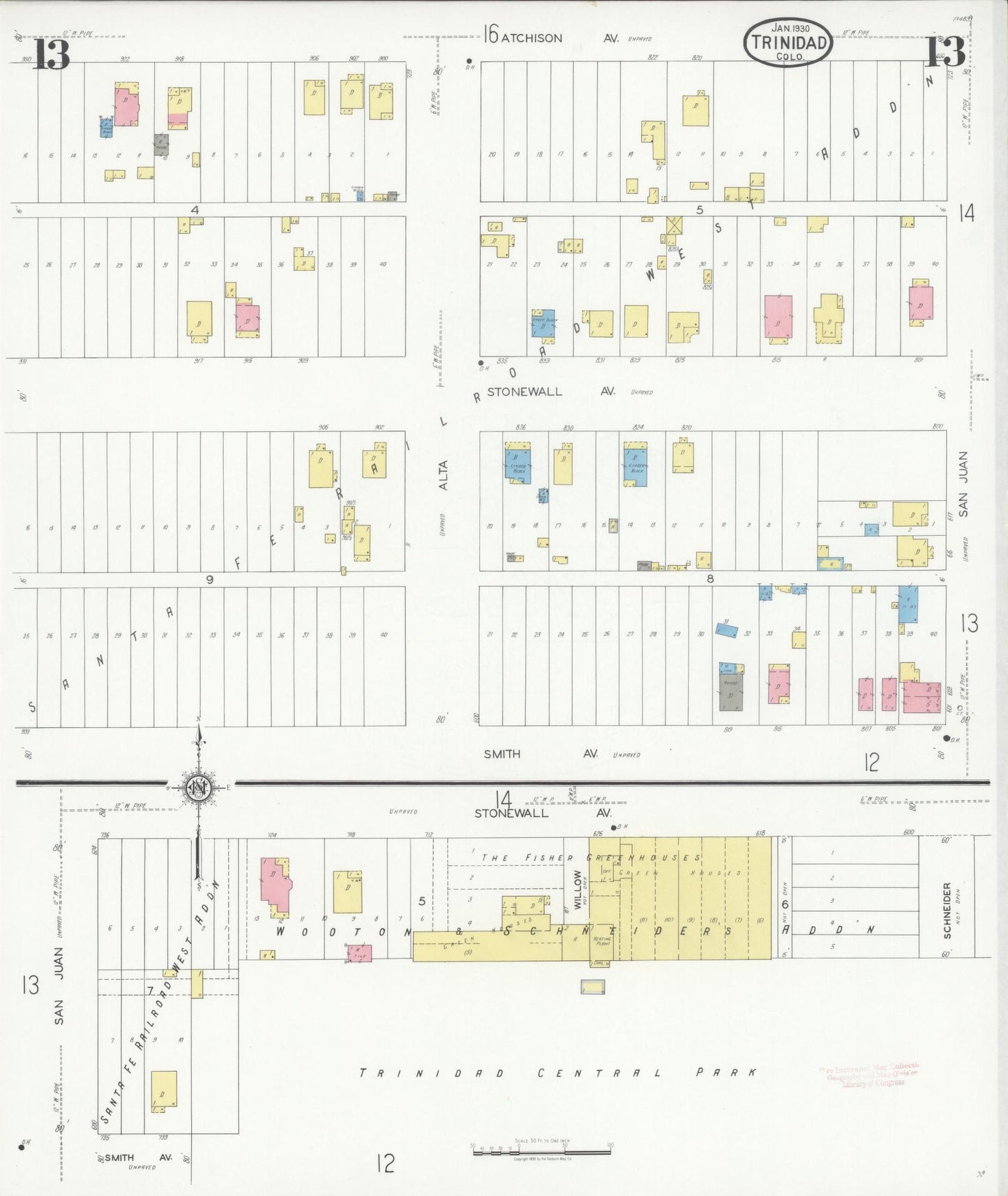 Sanborn Fire Insurance Map from Trinidad, Las Animas County, Colorado (1930), Sheet #0013 - Complete Map Set gallery image, historic Sanborn map, vintage wall art, Colorado Colorado