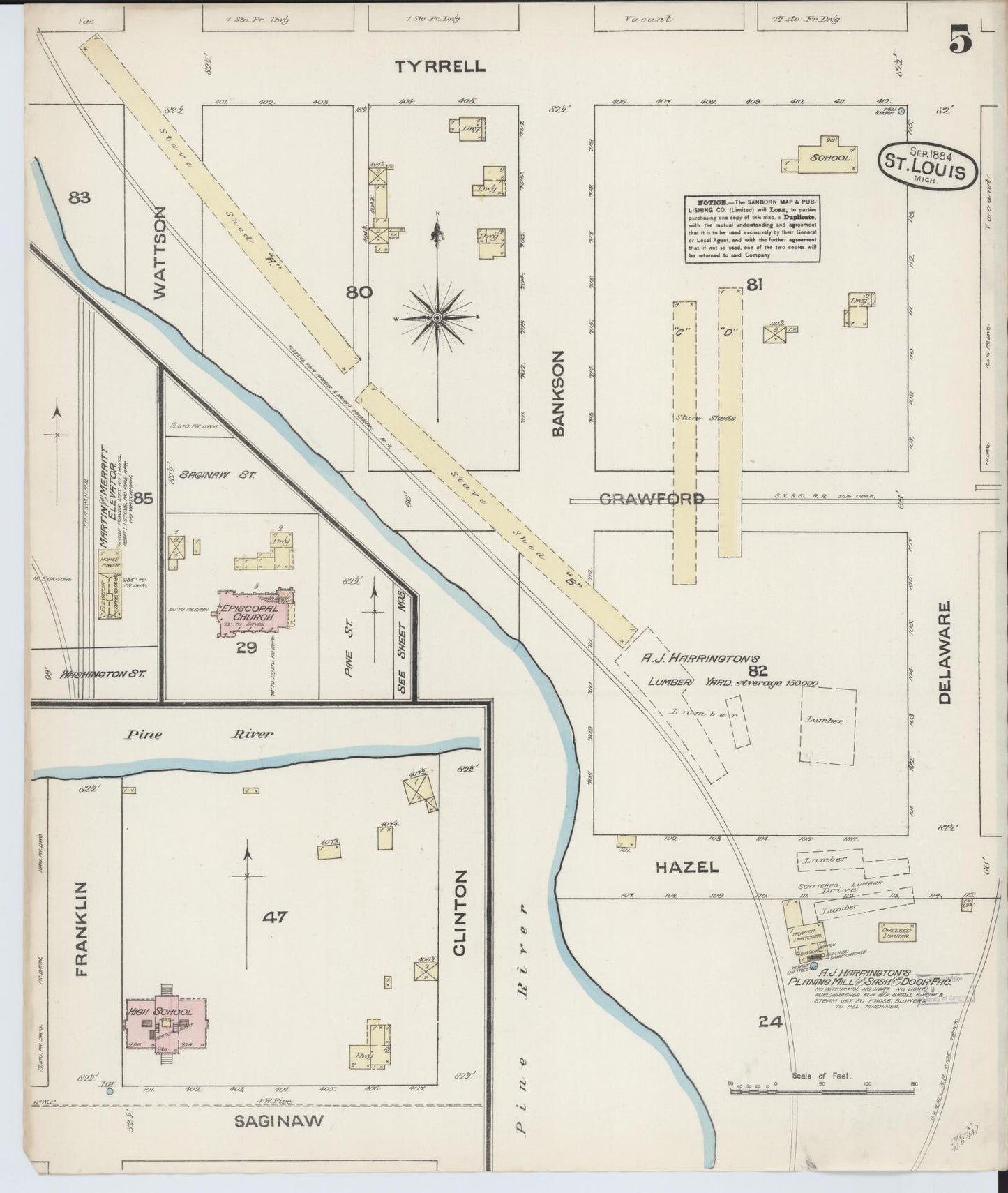 Sanborn Fire Insurance Map from Saint Louis, Gratiot County, Michigan (1884), Sheet #0005 - Complete Map Set gallery image, historic Sanborn map, vintage wall art, Michigan Michigan
