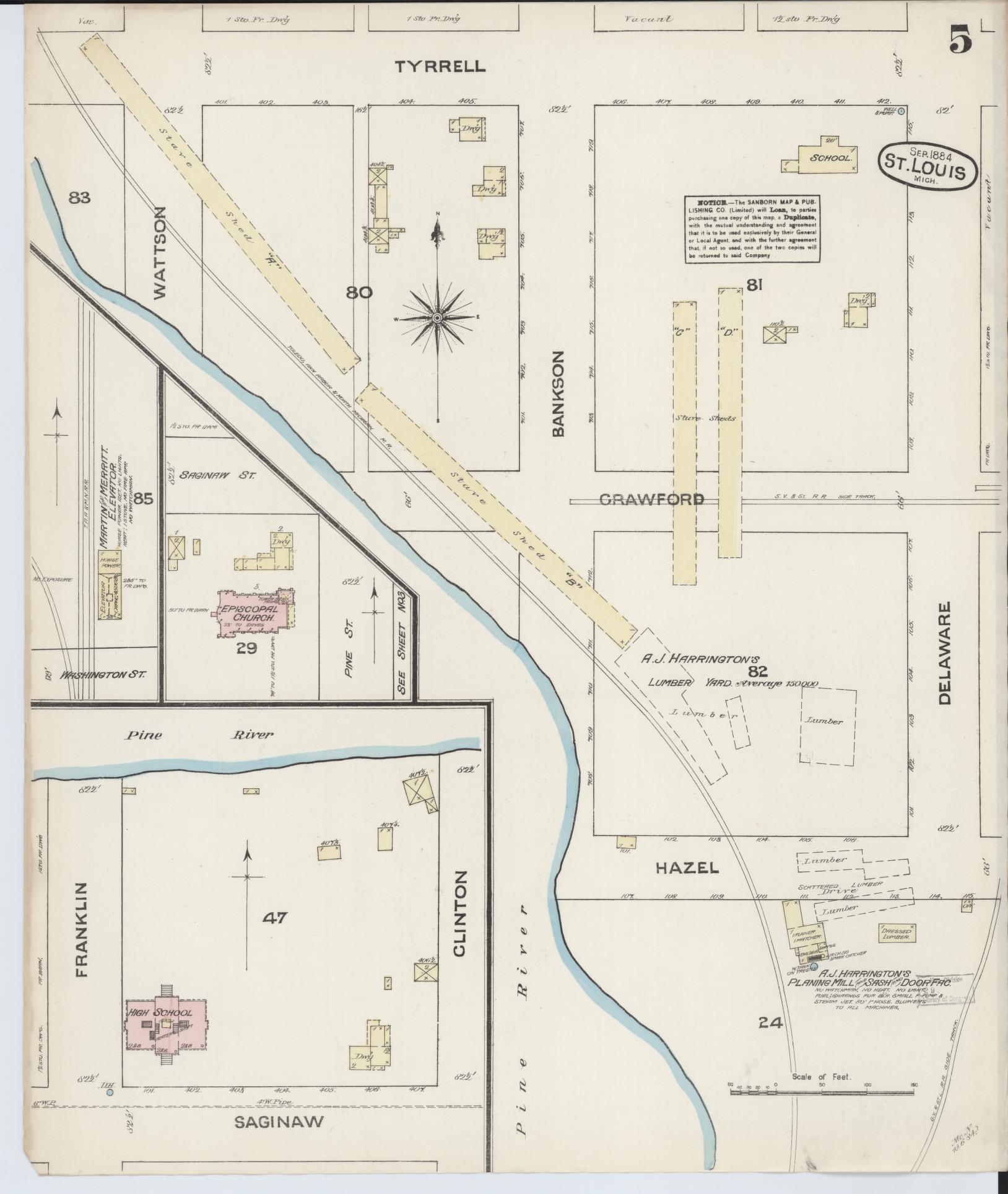 Sanborn Fire Insurance Map from Saint Louis, Gratiot County, Michigan (1884), Sheet #0005 - Complete Map Set gallery image, historic Sanborn map, vintage wall art, Michigan Michigan