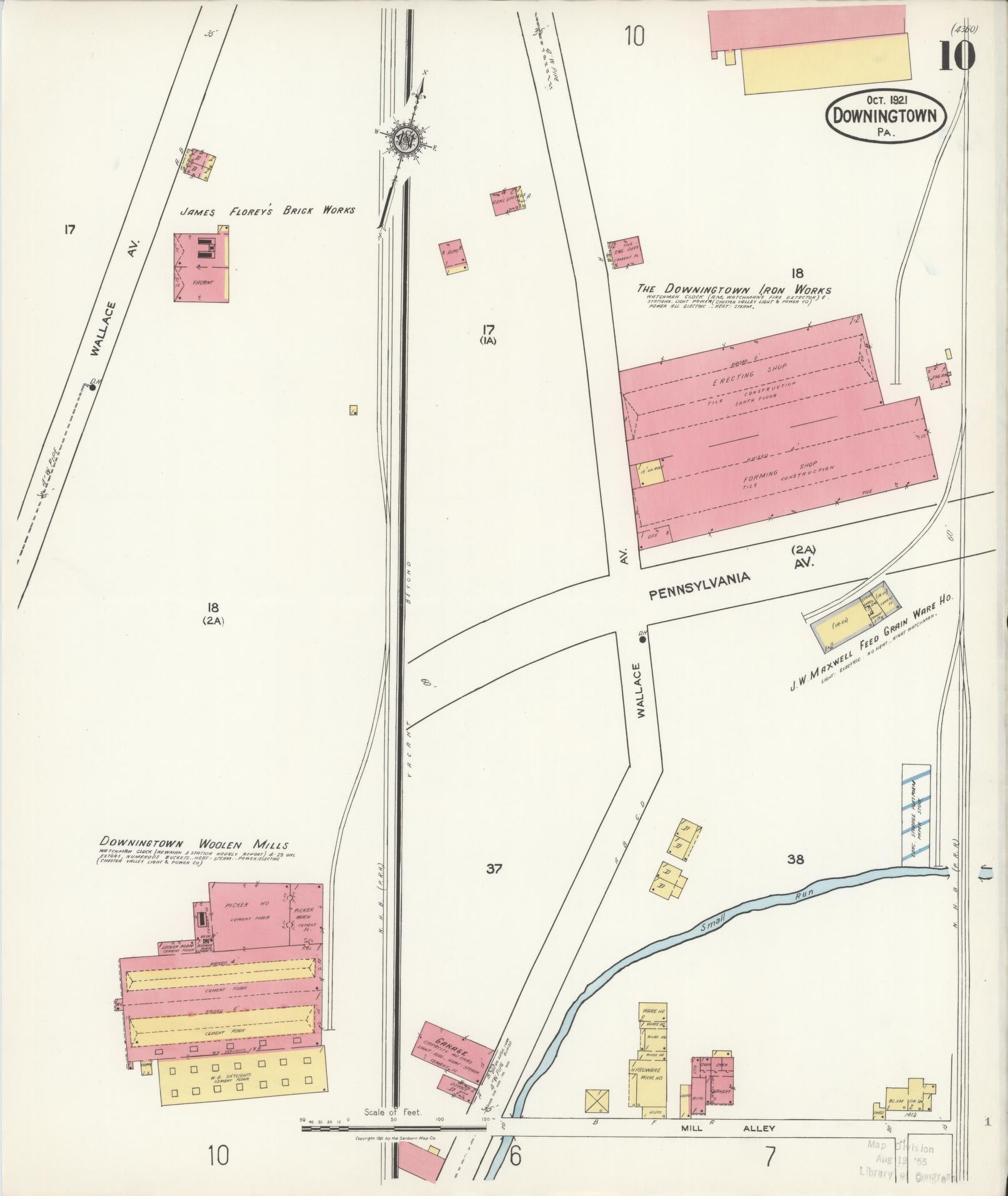 Sanborn Fire Insurance Map from Downingtown, Chester County, Pennsylvania (1921), Sheet #0010 - Historic Sanborn Fire Insurance Map Print, vintage old map wall art, antique decor, genealogy gift, Pennsylvania Pennsylvania map