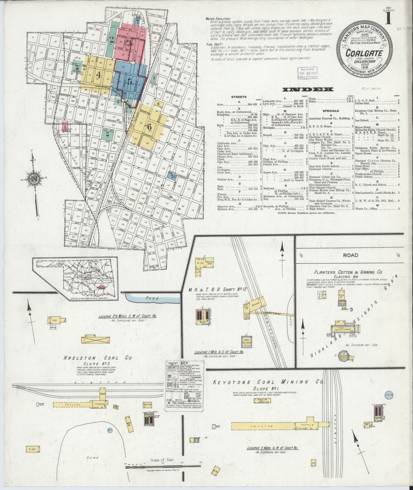 Sanborn Fire Insurance Map from Coalgate, Coal County, Oklahoma (1918), Sheet #0001 - Historic Sanborn Fire Insurance Map Print, vintage old map wall art, antique decor, genealogy gift, Oklahoma Oklahoma map