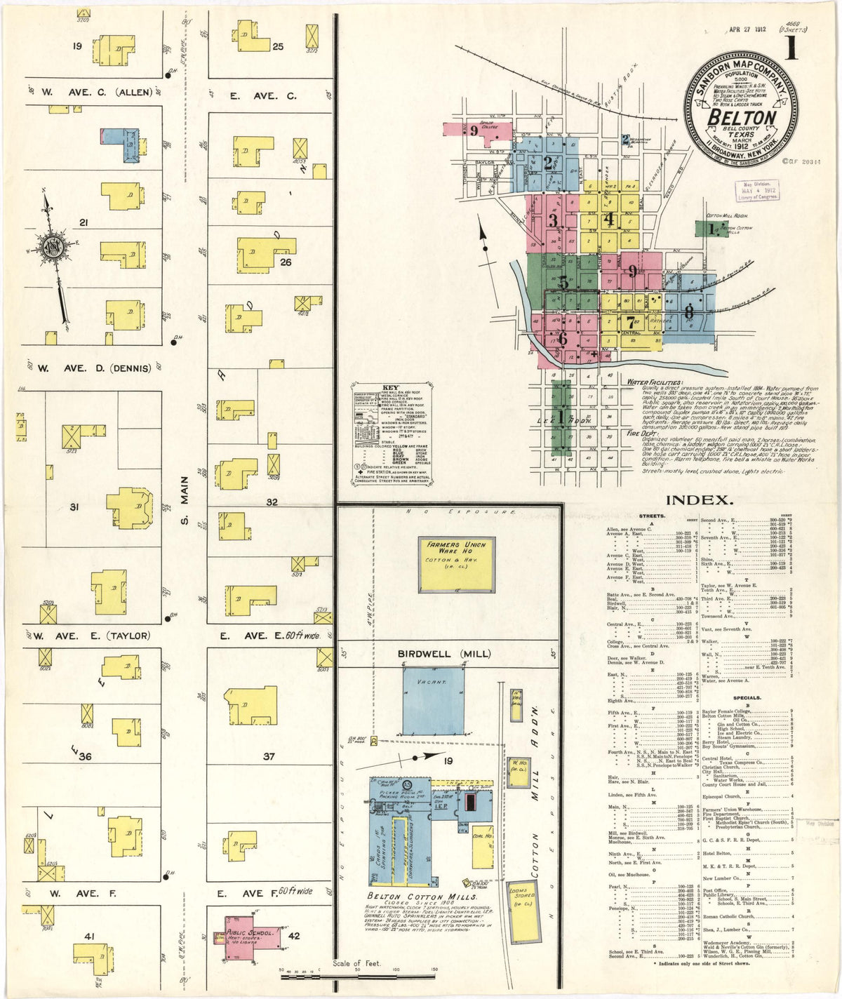 Sanborn Fire Insurance Map from Belton, Bell County, Texas (1912), Sheet #0001 - Historic Sanborn Fire Insurance Map Print, vintage old map wall art, antique decor, genealogy gift, Texas Texas map