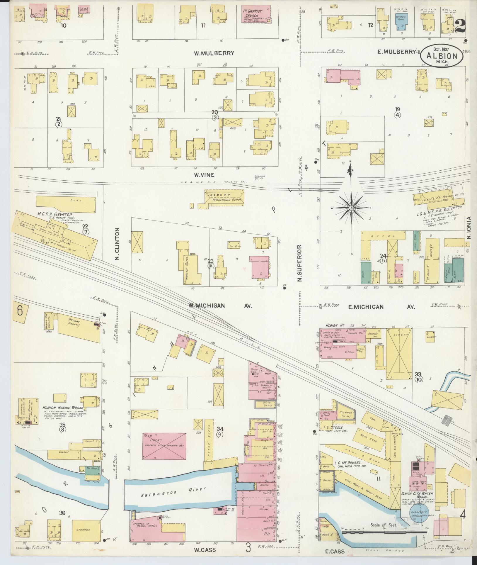 Sanborn Fire Insurance Map from Albion, Calhoun County, Michigan (1907), Sheet #0002 - Complete Map Set gallery image, historic Sanborn map, vintage wall art, Michigan Michigan