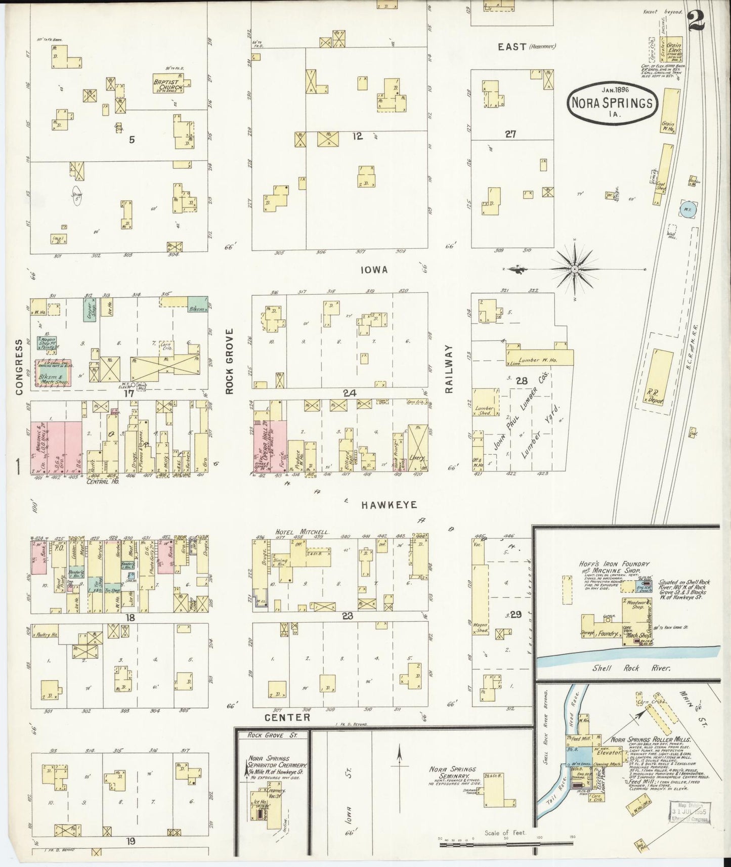 Sanborn Fire Insurance Map from Nora Springs, Floyd County, Iowa (1896), Sheet #0002 - Historic Sanborn Fire Insurance Map Print, vintage old map wall art