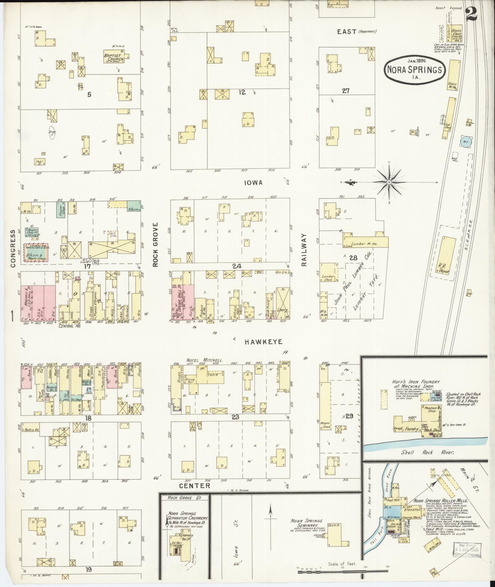 Sanborn Fire Insurance Map from Nora Springs, Floyd County, Iowa (1896), Sheet #0002 - Historic Sanborn Fire Insurance Map Print, vintage old map wall art