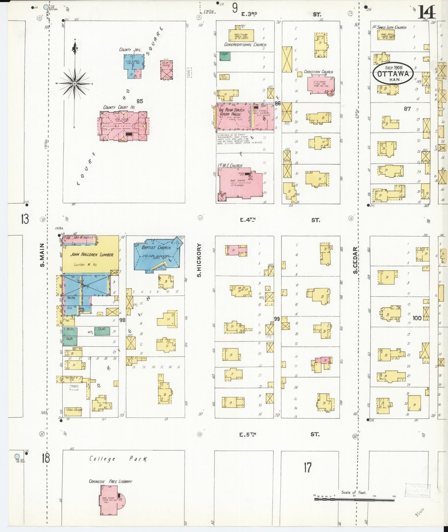 Sanborn Fire Insurance Map from Ottawa, Franklin County, Kansas (1905), Sheet #0014 - Complete Map Set gallery image, historic Sanborn map, vintage wall art, Kansas Kansas