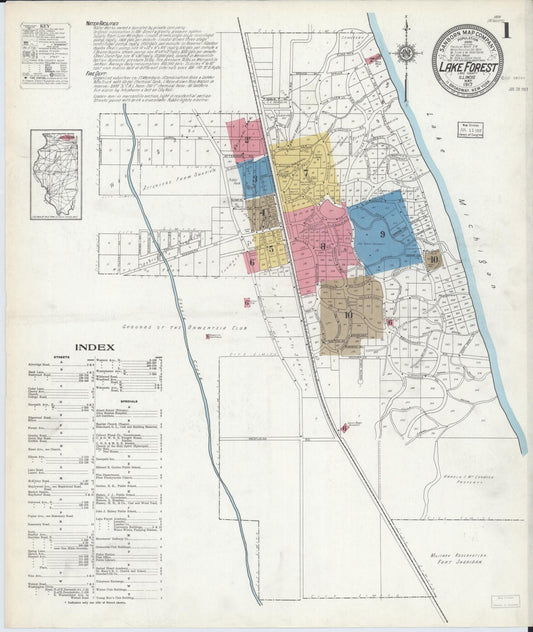 Sanborn Fire Insurance Map from Lake Forest, Lake County, Illinois (1917), Sheet #0001 - Historic Sanborn Fire Insurance Map Print, vintage old map wall art, antique decor, genealogy gift, Illinois Illinois map