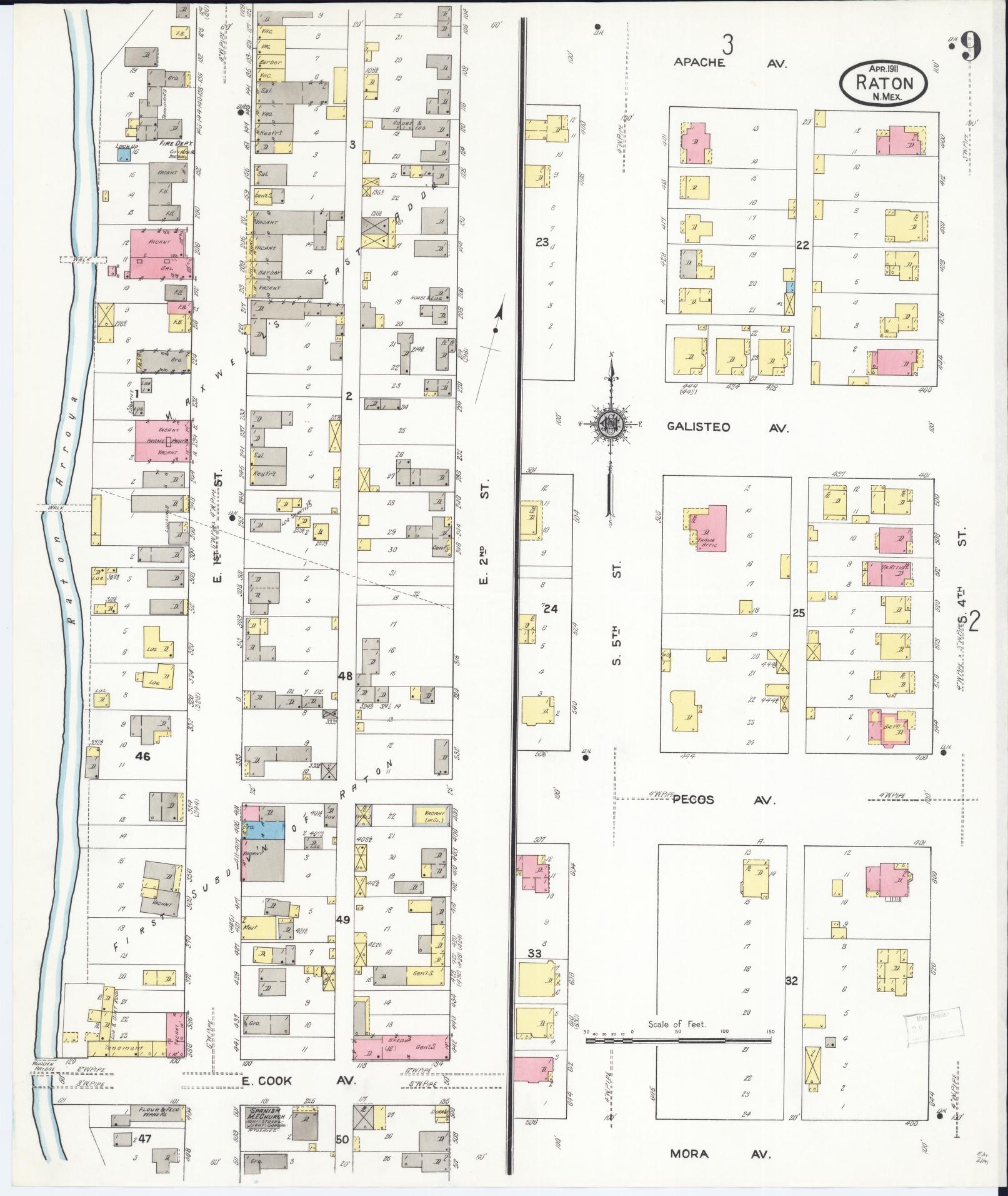Sanborn Fire Insurance Map from Raton, Colfax County, New Mexico (1911), Sheet #0009 - Historic Sanborn Fire Insurance Map Print, vintage old map wall art, antique decor, genealogy gift, New Mexico New Mexico map