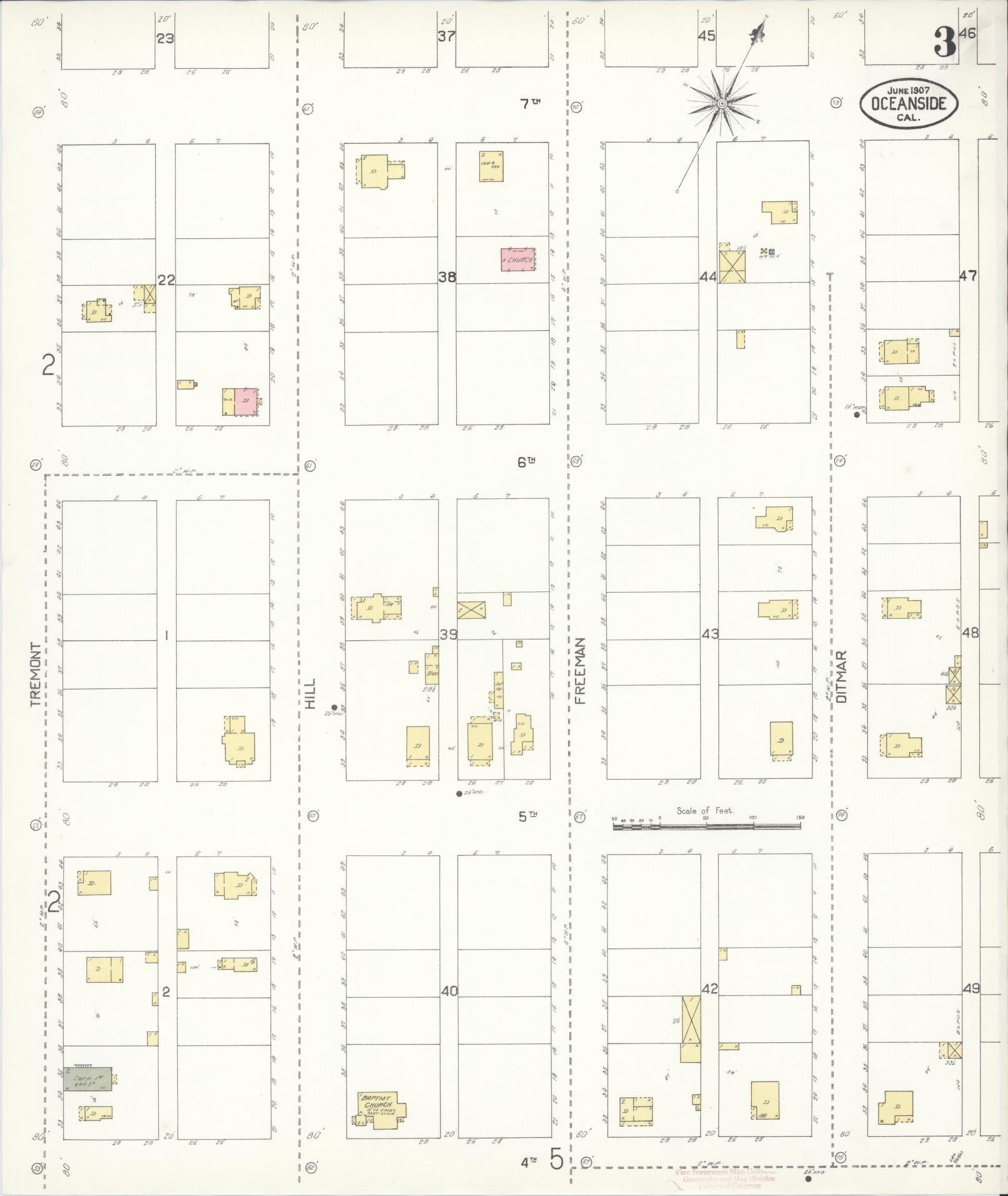 Sanborn Fire Insurance Map from Oceanside, San Diego County, California (1907), Sheet #0003 - Historic Sanborn Fire Insurance Map Print, vintage old map wall art, antique decor, genealogy gift, California California map