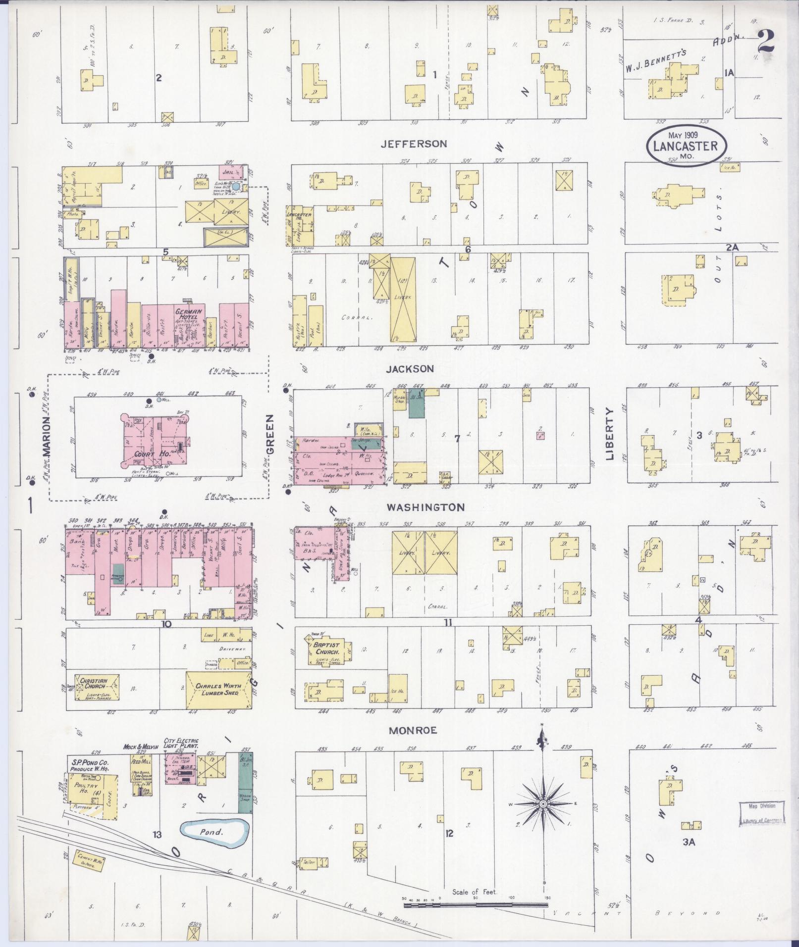 Sanborn Fire Insurance Map from Lancaster, Schuyler County, Missouri (1909), Sheet #0002 - Historic Sanborn Fire Insurance Map Print, vintage old map wall art, antique decor, genealogy gift, Missouri Missouri map