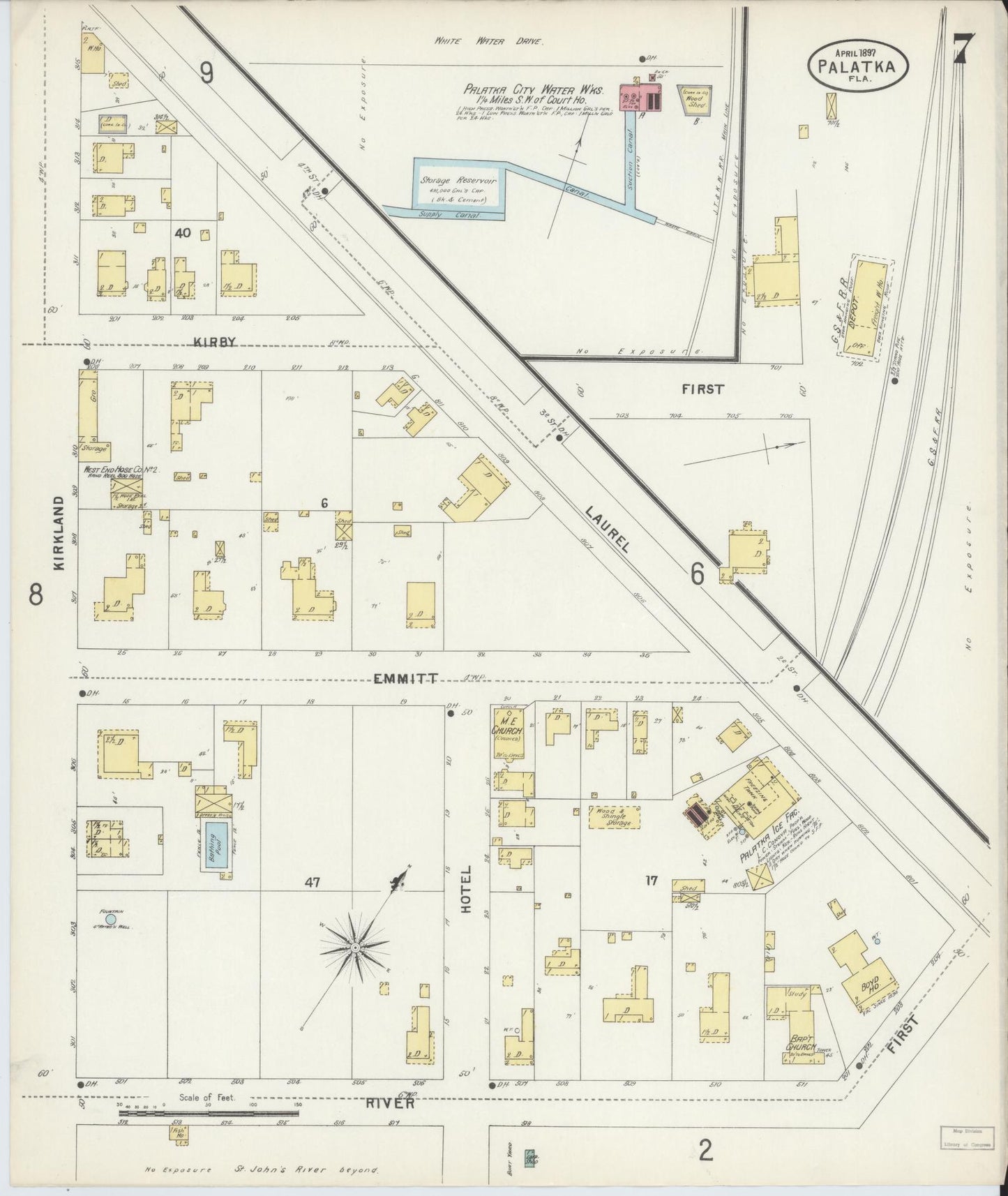 Sanborn Fire Insurance Map from Palatka, Putnam County, Florida (1897), Sheet #0007 - Complete Map Set gallery image, historic Sanborn map, vintage wall art, Florida Florida