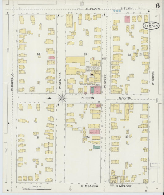 Sanborn Fire Insurance Map from Ithaca, Tompkins County, New York (1893), Sheet #0006 - Historic Sanborn Fire Insurance Map Print, vintage old map wall art, antique decor, genealogy gift, New York New York map