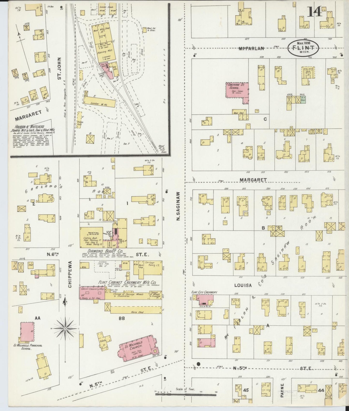 Sanborn Fire Insurance Map from Flint, Genesee County, Michigan (1898), Sheet #0014 - Historic Sanborn Fire Insurance Map Print, vintage old map wall art, antique decor, genealogy gift, Michigan Michigan map