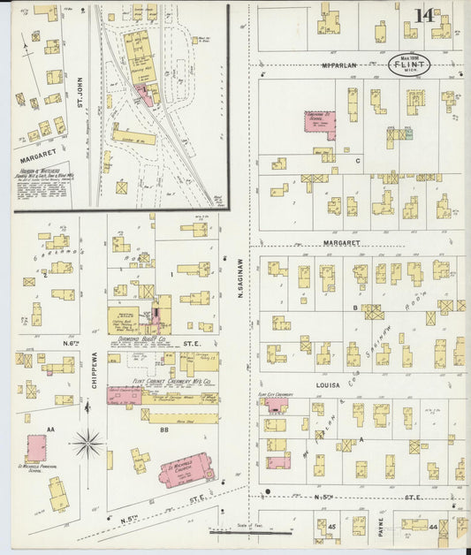 Sanborn Fire Insurance Map from Flint, Genesee County, Michigan (1898), Sheet #0014 - Historic Sanborn Fire Insurance Map Print, vintage old map wall art, antique decor, genealogy gift, Michigan Michigan map