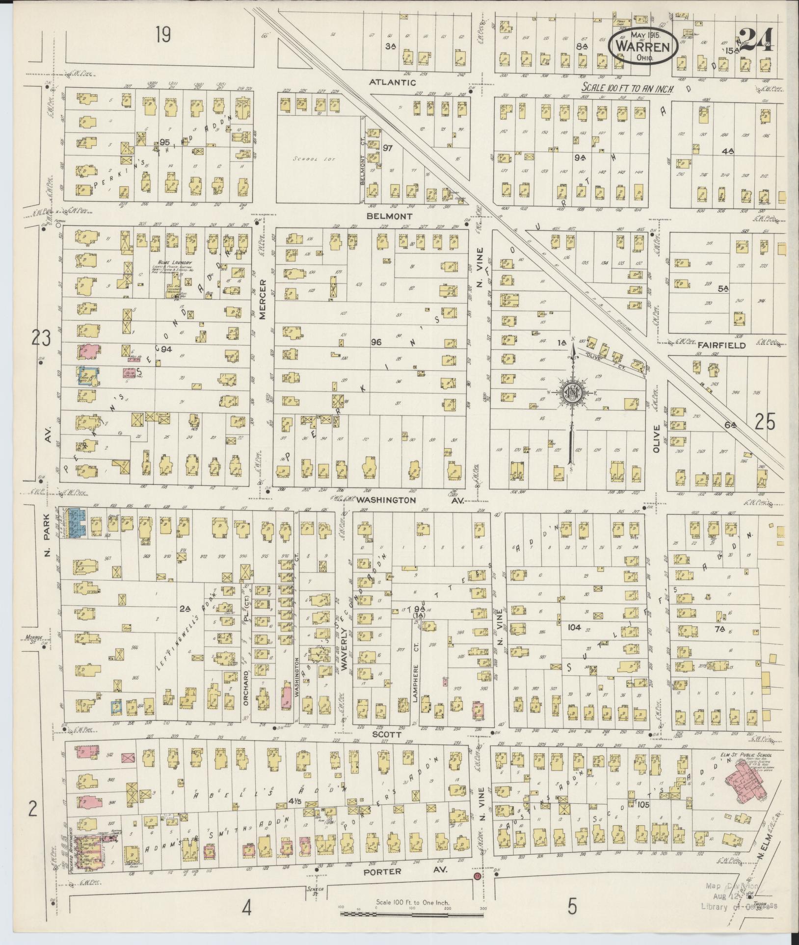 Sanborn Fire Insurance Map from Warren, Trumbull County, Ohio (1915), Sheet #0024 - Historic Sanborn Fire Insurance Map Print, vintage old map wall art, antique decor, genealogy gift, Ohio Ohio map