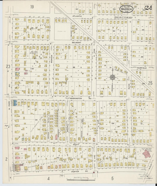 Sanborn Fire Insurance Map from Warren, Trumbull County, Ohio (1915), Sheet #0024 - Historic Sanborn Fire Insurance Map Print, vintage old map wall art, antique decor, genealogy gift, Ohio Ohio map