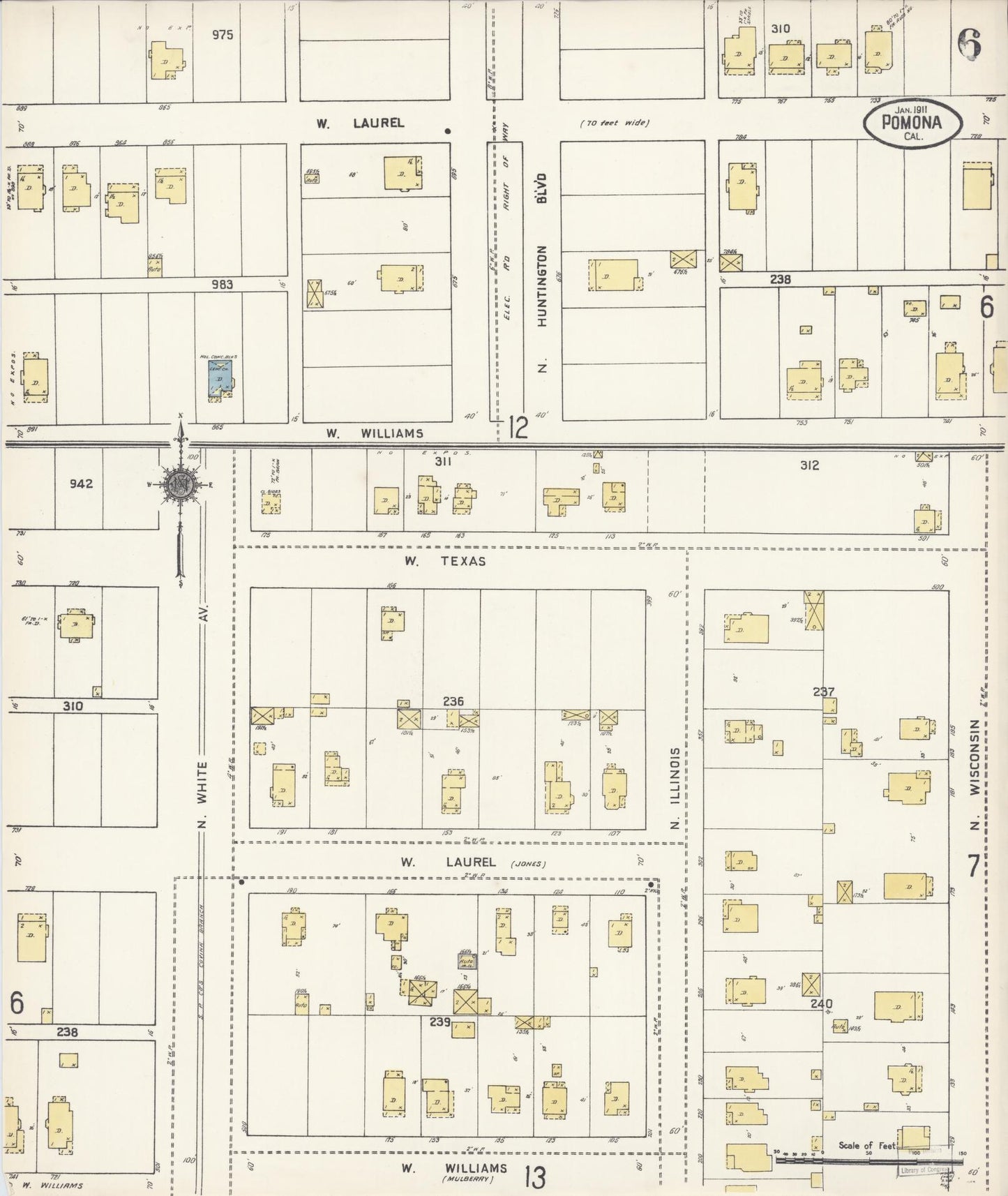 Sanborn Fire Insurance Map from Pomona, Los Angeles County, California (1911), Sheet #0006 - Complete Map Set gallery image, historic Sanborn map, vintage wall art, California California