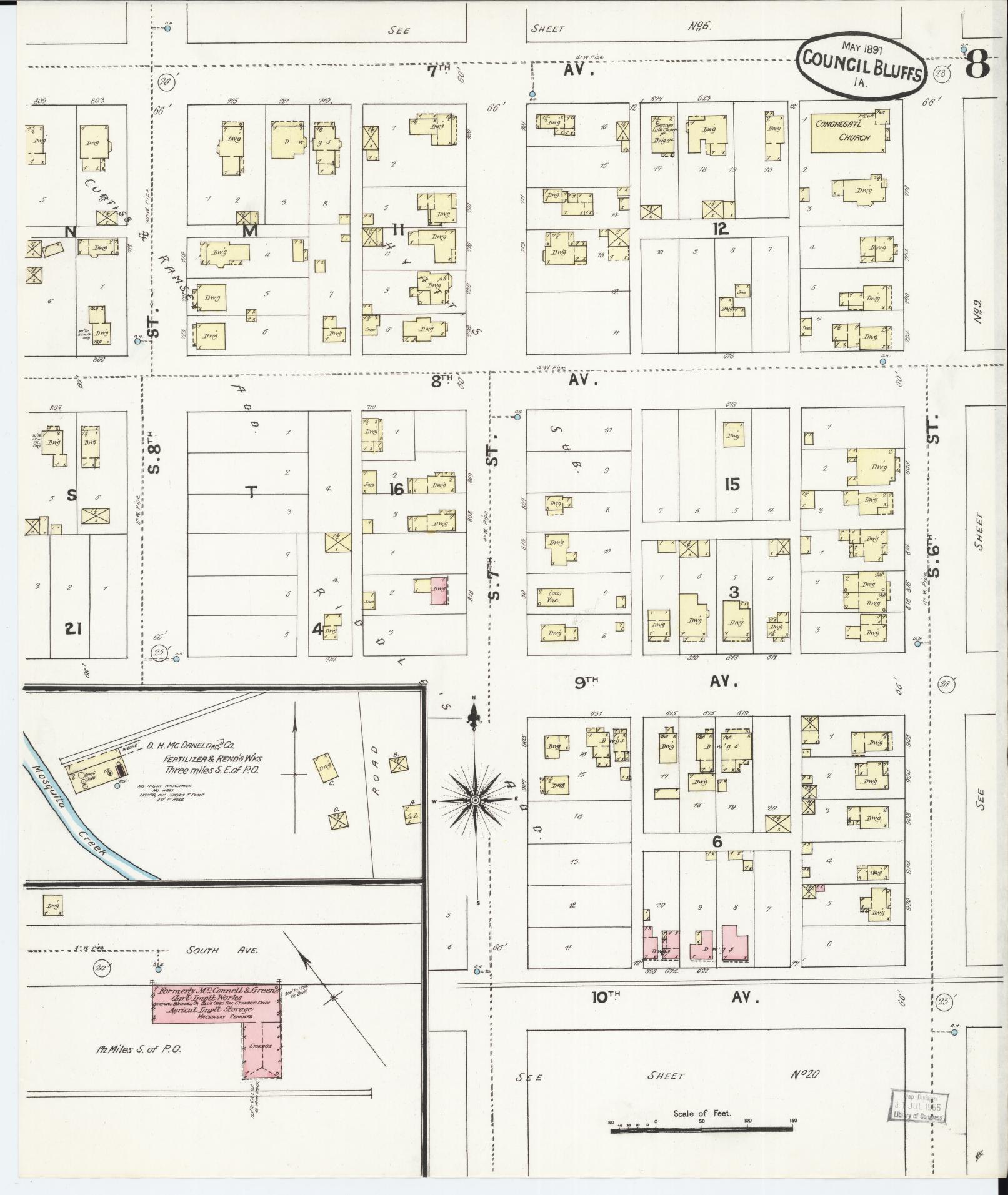 Sanborn Fire Insurance Map from Council Bluffs, Pottawattamie County, Iowa (1891), Sheet #0008 - Historic Sanborn Fire Insurance Map Print, vintage old map wall art