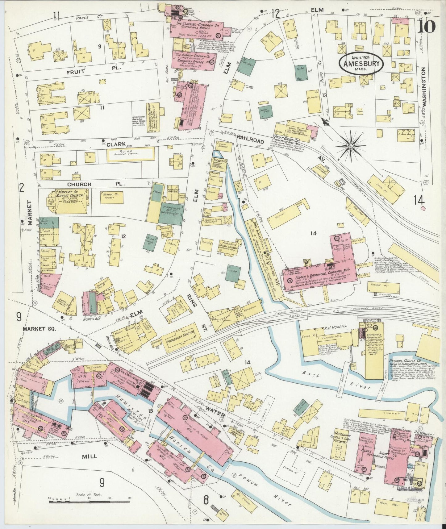 Sanborn Fire Insurance Map from Amesbury, Essex County, Massachusetts (1909), Sheet #0010 - Historic Sanborn Fire Insurance Map Print, vintage old map wall art, antique decor, genealogy gift, Massachusetts Massachusetts map