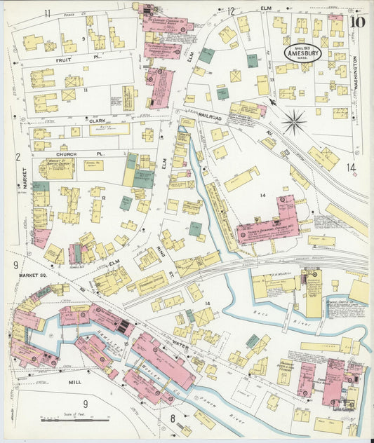 Sanborn Fire Insurance Map from Amesbury, Essex County, Massachusetts (1909), Sheet #0010 - Historic Sanborn Fire Insurance Map Print, vintage old map wall art, antique decor, genealogy gift, Massachusetts Massachusetts map
