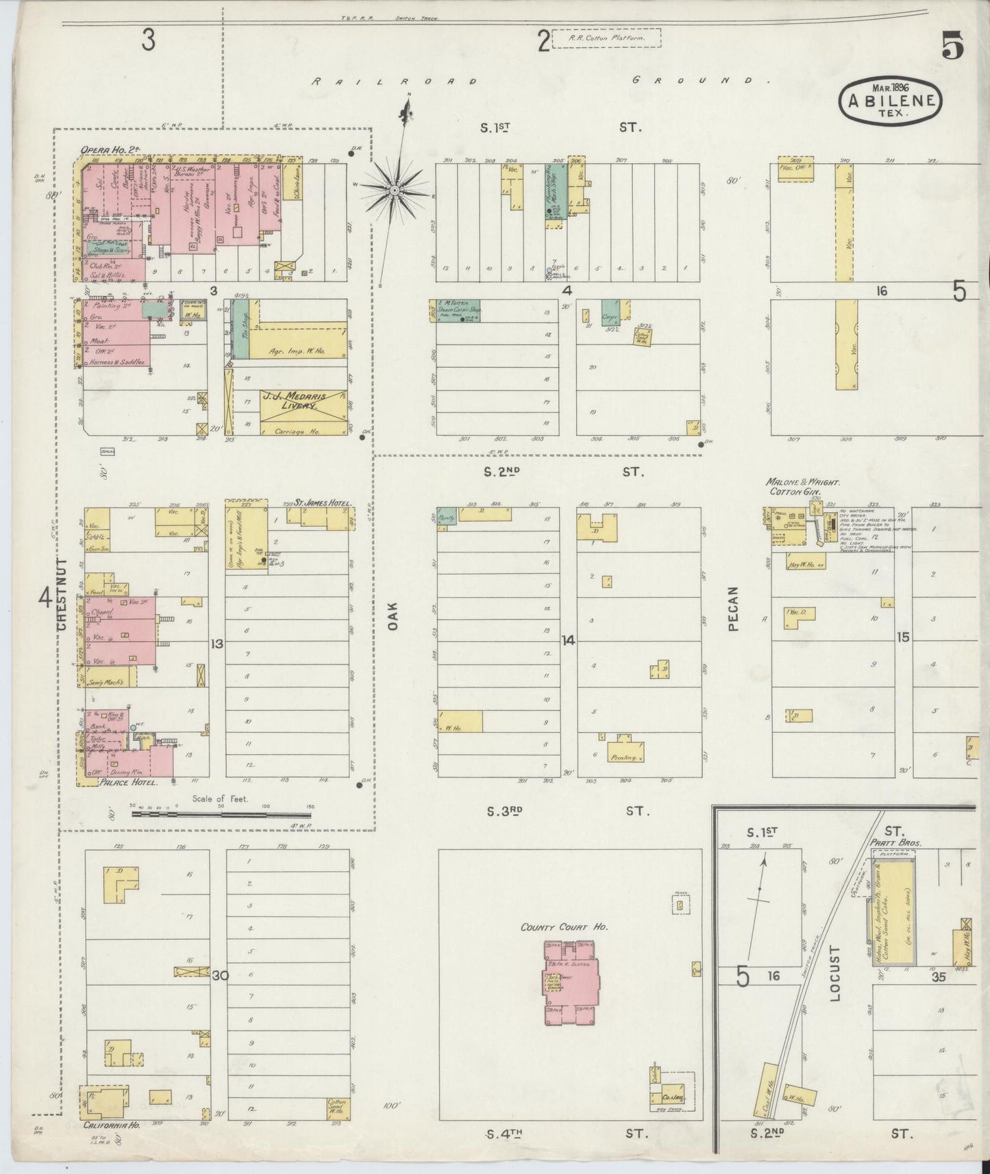 Sanborn Fire Insurance Map from Abilene, Taylor County, Texas (1896), Sheet #0005 - Historic Sanborn Fire Insurance Map Print, vintage old map wall art, antique decor, genealogy gift, Texas Texas map