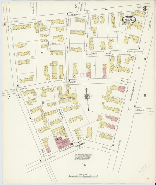 Sanborn Fire Insurance Map from Keene, Cheshire County, New Hampshire (1913), Sheet #0008 - Historic Sanborn Fire Insurance Map Print, vintage old map wall art, antique decor, genealogy gift, New Hampshire New Hampshire map