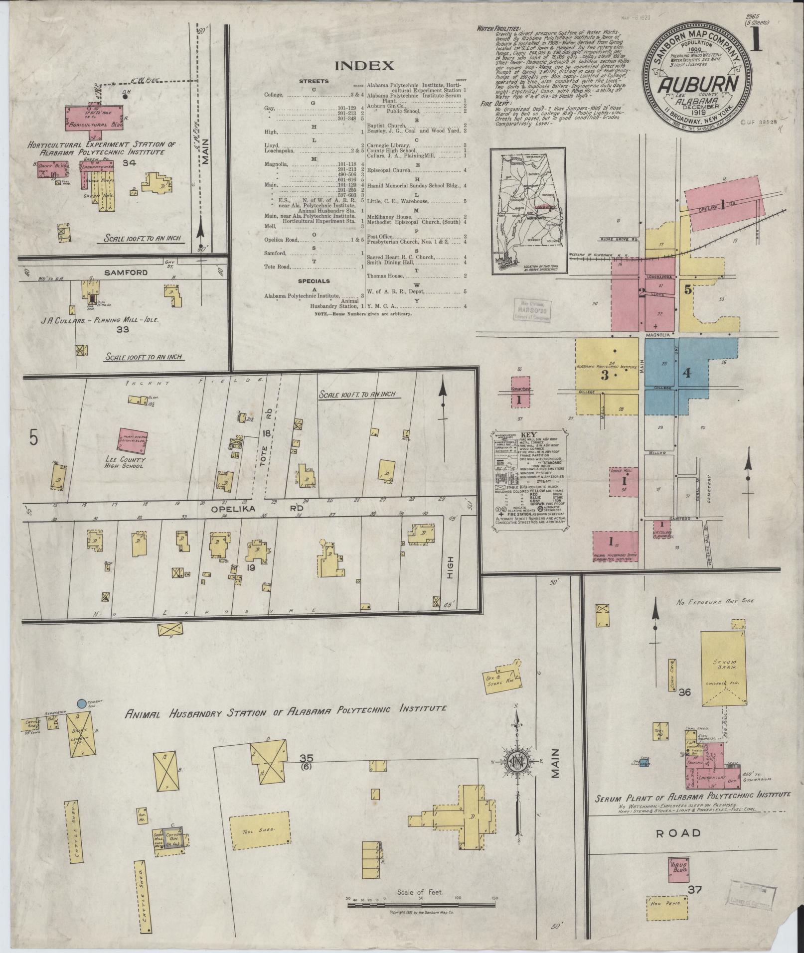 Sanborn Fire Insurance Map from Auburn, Lee County, Alabama (1919), Sheet #0001 - Historic Sanborn Fire Insurance Map Print, vintage old map wall art, antique decor, genealogy gift, Alabama Alabama map