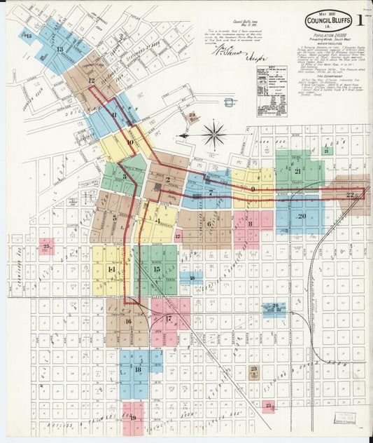 Sanborn Fire Insurance Map from Council Bluffs, Pottawattamie County, Iowa (1891), Sheet #0001 - Historic Sanborn Fire Insurance Map Print, vintage old map wall art