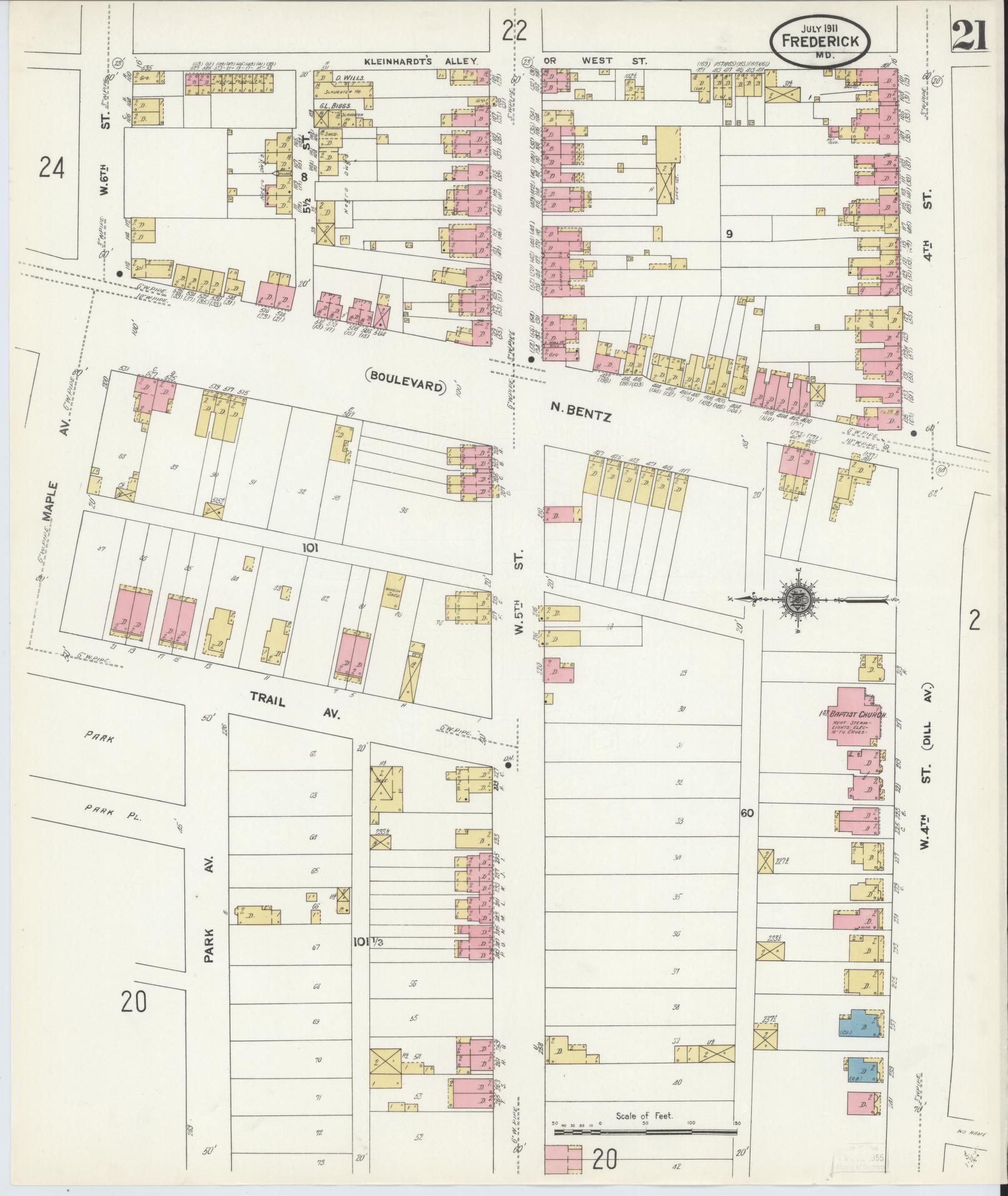 Sanborn Fire Insurance Map from Frederick, Frederick County, Maryland (1911), Sheet #0021 - Historic Sanborn Fire Insurance Map Print, vintage old map wall art