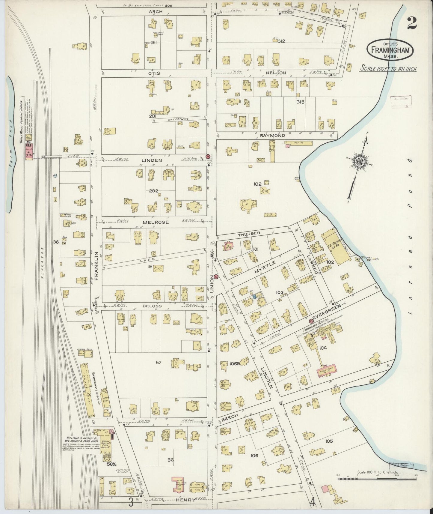 Sanborn Fire Insurance Map from Framingham, Middlesex County, Massachusetts (1915), Sheet #0002 - Complete Map Set gallery image, historic Sanborn map, vintage wall art, Massachusetts Massachusetts