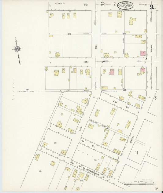 Sanborn Fire Insurance Map from California, Washington County, Pennsylvania (1913), Sheet #0009 - Historic Sanborn Fire Insurance Map Print, vintage old map wall art, antique decor, genealogy gift, Pennsylvania Pennsylvania map