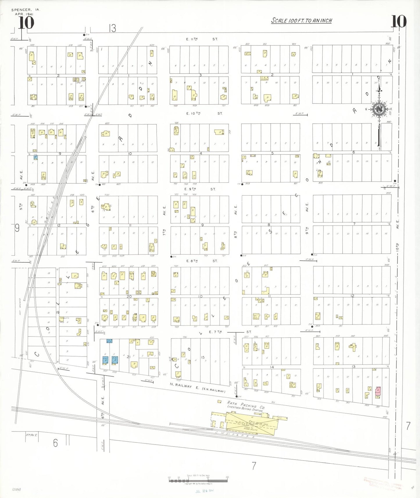 Sanborn Fire Insurance Map from Spencer, Clay County, Iowa (1941), Sheet #0010 - Historic Sanborn Fire Insurance Map Print, vintage old map wall art