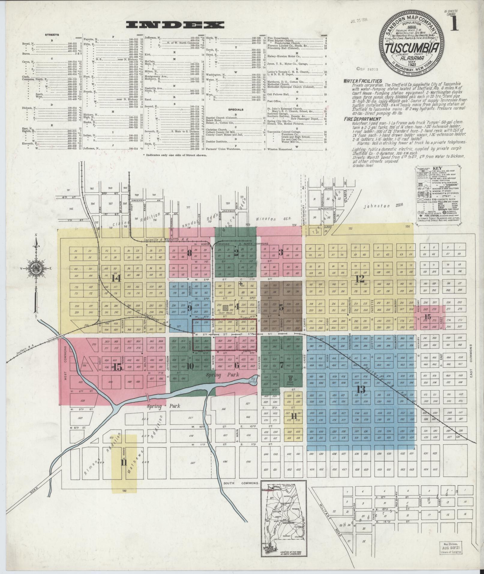 Sanborn Fire Insurance Map from Tuscumbia, Colbert County, Alabama (1921), Sheet #0001 - Complete Map Set gallery image, historic Sanborn map, vintage wall art, Alabama Alabama