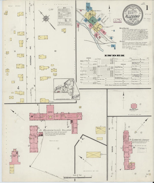 Sanborn Fire Insurance Map from Allegany, Cattaraugus County, New York (1913), Sheet #0001 - Historic Sanborn Fire Insurance Map Print, vintage old map wall art, antique decor, genealogy gift, New York New York map