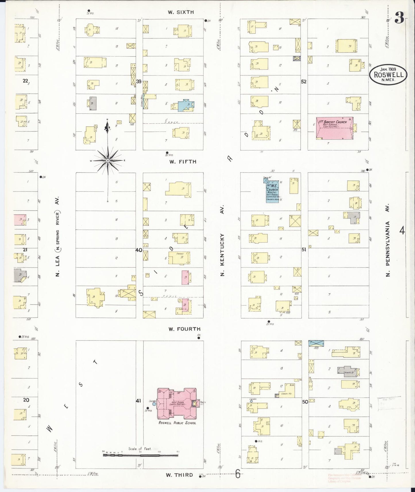 Sanborn Fire Insurance Map from Roswell, Chaves County, New Mexico (1909), Sheet #0003 - Historic Sanborn Fire Insurance Map Print, vintage old map wall art, antique decor, genealogy gift, New Mexico New Mexico map