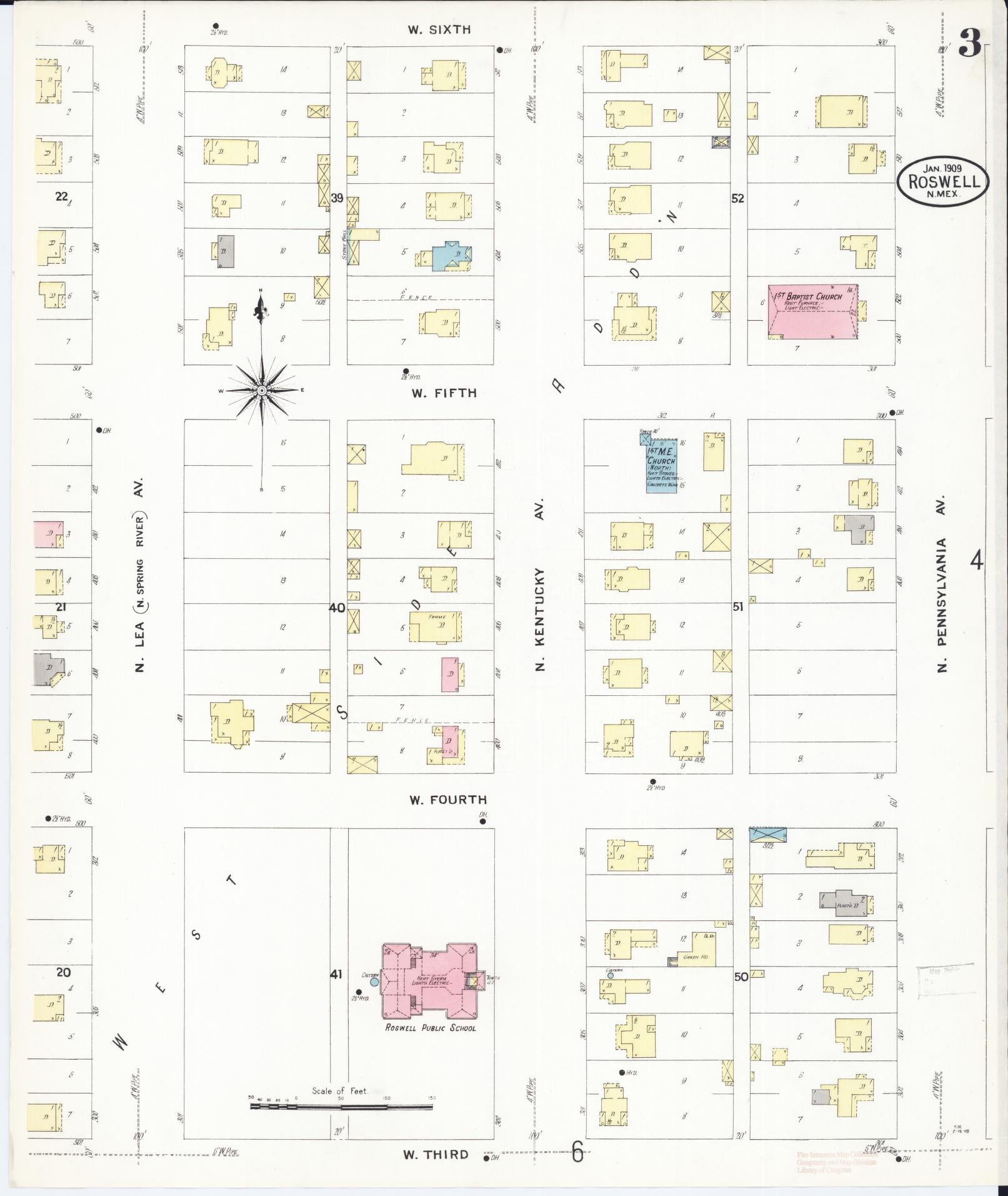 Sanborn Fire Insurance Map from Roswell, Chaves County, New Mexico (1909), Sheet #0003 - Historic Sanborn Fire Insurance Map Print, vintage old map wall art, antique decor, genealogy gift, New Mexico New Mexico map