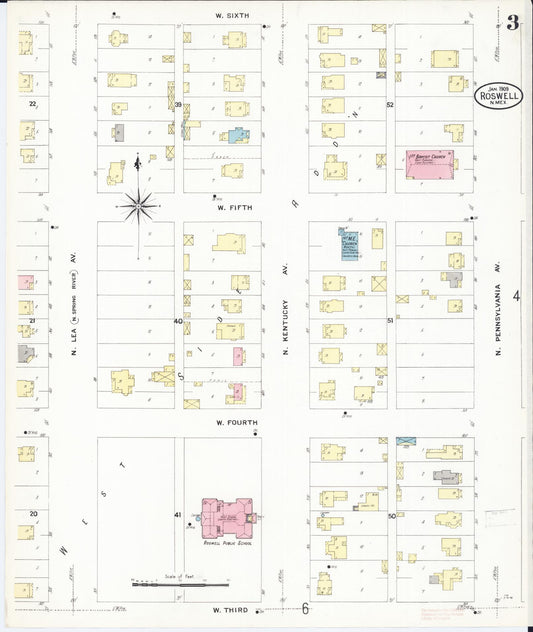 Sanborn Fire Insurance Map from Roswell, Chaves County, New Mexico (1909), Sheet #0003 - Historic Sanborn Fire Insurance Map Print, vintage old map wall art, antique decor, genealogy gift, New Mexico New Mexico map
